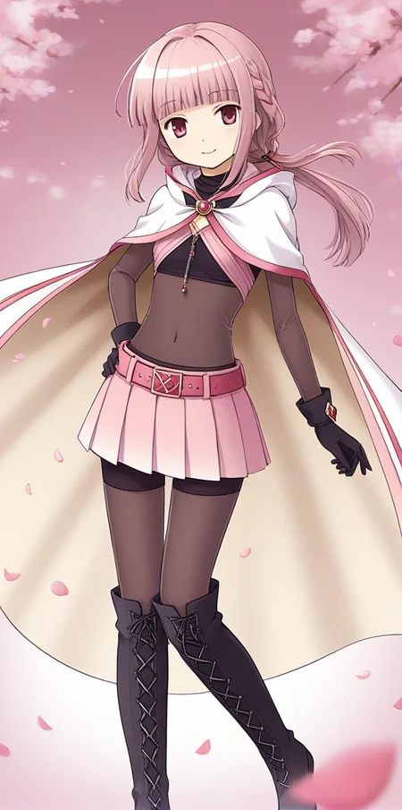 score_9, score_8_up, score_7_up, source_anime,
dutch angle, abstract background, petal symbol background,
from front, hands at hip,
<lora:tamakiiroha_01XLP:0.8>,
1girl, solo, tamakiiroha, low ponytail, long ponytail,braid,pink hair, blunt bangs, sidelocks, pink eyes,
thigh boots, navel, pleated skirt, midriff, belt, black boots, magical girl, pantyhose, cloak, pink skirt, bodystocking, hooded cloak, black groves, small breasts,