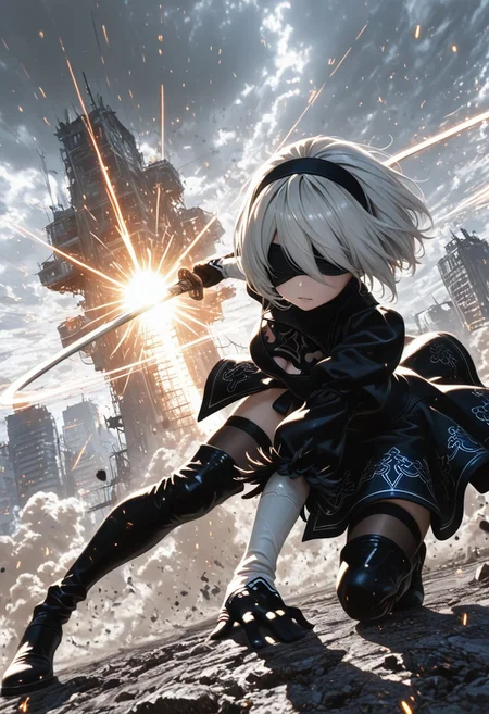 1girl, yorha no.2 type b, 2B (nier:automata), dynamic action pose, mid-air, slashing with katana, silver bobbed hair flowing, black blindfold, torn black combat dress, thigh-high boots, glowing sword trail, high-tech ruined city background, flying debris, sparks, smoke clouds, dramatic sunlight through dust, cinematic composition, intense expression, battle damage, fluttering fabric, soft glow, energy particles, motion blur, (high action:1.3), (dust and light rays:1.2), (battle effects:1.2), ultra-detailed, masterpiece, anime style, fantasy sci-fi setting. dynamic lighting, highres, ultra-detailed, masterpiece, best quality, amazing quality, very aesthetic, absurdres, highres, newest, scenery, HDR, 8k, HDR skin, cinematic lighting, dynamic composition, soft shadows, skin shine, volumetric shadows, soft glow, subsurface scattering, motion blur, <lora:re4lity:0.6>, re4lity_sync_illu, <lora:Aura_illu:0.7>, 4ur4_illu,shiny, <lora:Dramatic Lighting Slider:3>. solo