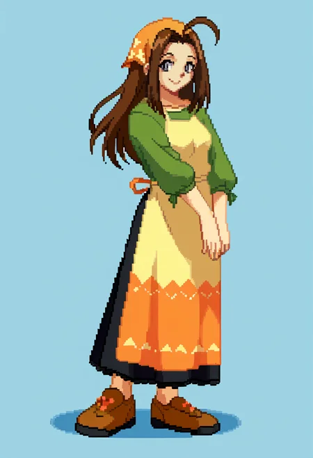 score_9, score_8_up, score_7_up, source_anime, BREAK, solo, 1girl, smile, looking at viewer, <lora:Guilty-Gear-SpritesV2-pdxl_Fp:1>, simple background, full body, pixel art, standing, <lora:Celia-pdxl_Fp:0.8>, celiahm, brown hair, grey eyes, ahoge, long hair, bandana, green shirt, apron, skirt,