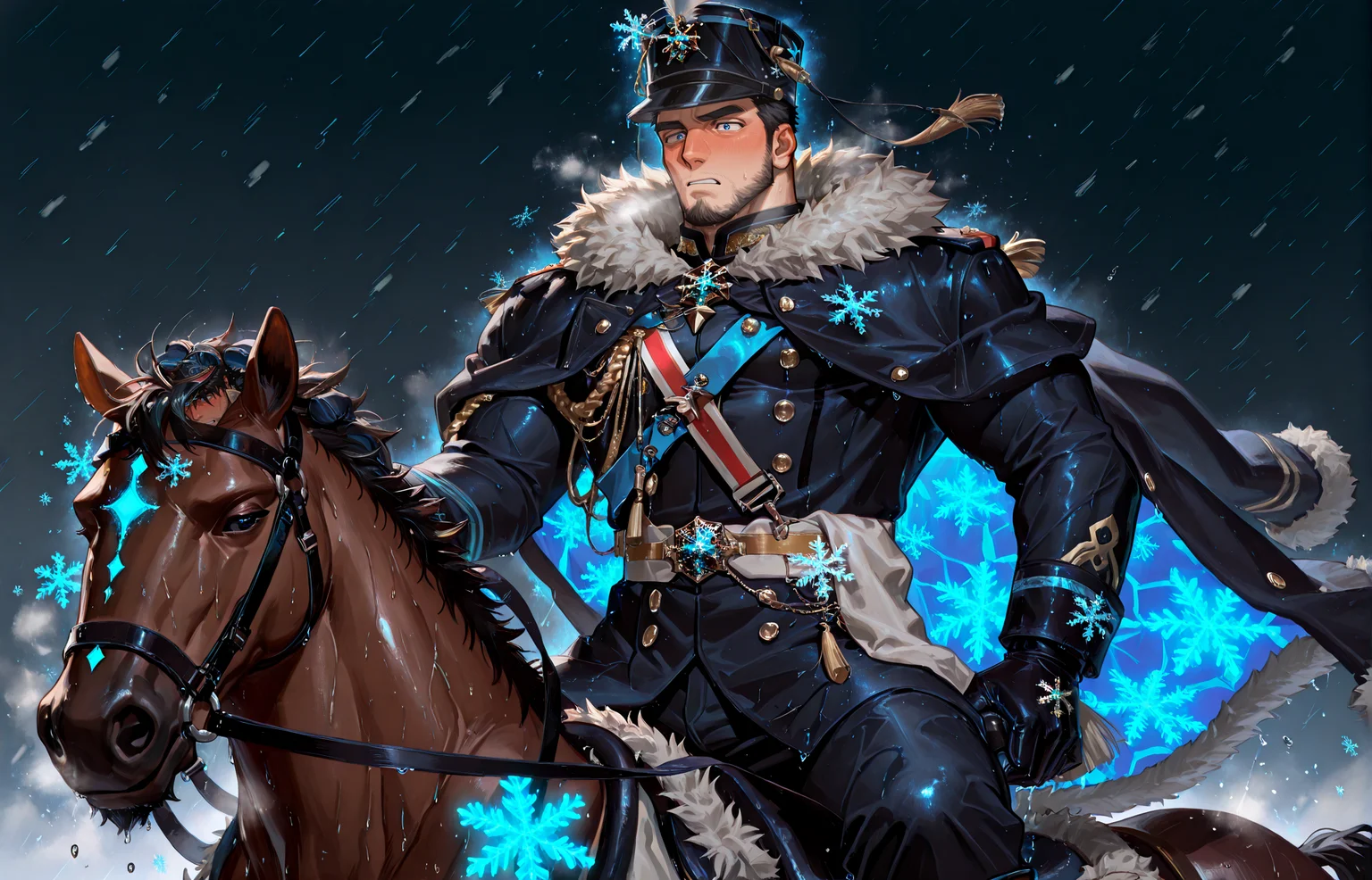 <lora:pose_Riding_for_Illustrious:.7> giddyup, horseback riding <lora:addon_sweaty_v2:1.3>, ((sweatILL, sweaty, steamy, wet skin, sweatdrop)),
<lora:face_Edwin__Alchemist_Code-000004:.7>, tagatameedwin, 1boy, black hair, dark blue eyes, short hair, solo, male focus, manly, bara, mature male, muscle body, shako hat, fur trim, snowflakes pin, coat, aiguillette, shirt, sash, gloves, glowing pattern, tassel, pants, boots,
cowboy shot,
(very short hair, beard, bara, mature, facial hair, stubble, beard, full beard, sideburn, beard, a lot of beard, ), facial hair,male focus, muscular male, muscular male, bara, mature, bara, mature, aixiwuganda_(20222192), very awa, masterpiece, best quality, absurdres, newest, perfect quality, detailed background, intricate details,
<lora:slider_Body Type_alpha1.0_rank4_noxattn_last:3><lora:Anime Summer Days 2 Style SDXL_LoRA_Pony Diffusion V6 XL:.6><lora:slider_cfg_scale_boost:.7><lora:Artist6p:.55>, Artist6p, Artist04p,<lora:slider_il_brightness_slider_d1:-1><lora:slider_il_contrast_slider_d1:-1><lora:slider_DarkSlider1.2_alpha1.0_rank16_full_300steps:-.6><lora:slider_contract_controller_illus01_v1:.5>,