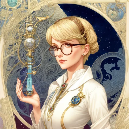 painting, portrait, half body Art Nouveau Style, the blonde female scientist, short hair, glasses, on deck of a steamboat, dark style, dark sky, pale, white science smok, microscope, syringe, steampunk by moebius, masterpiece, best quality, intricate, highly detailed:1.1, drawing, Jean Giraud, <lora:add_detail:1>, <lora:Moebius:0.7>, <lora:Nouveau_last:1> border, muted colours,