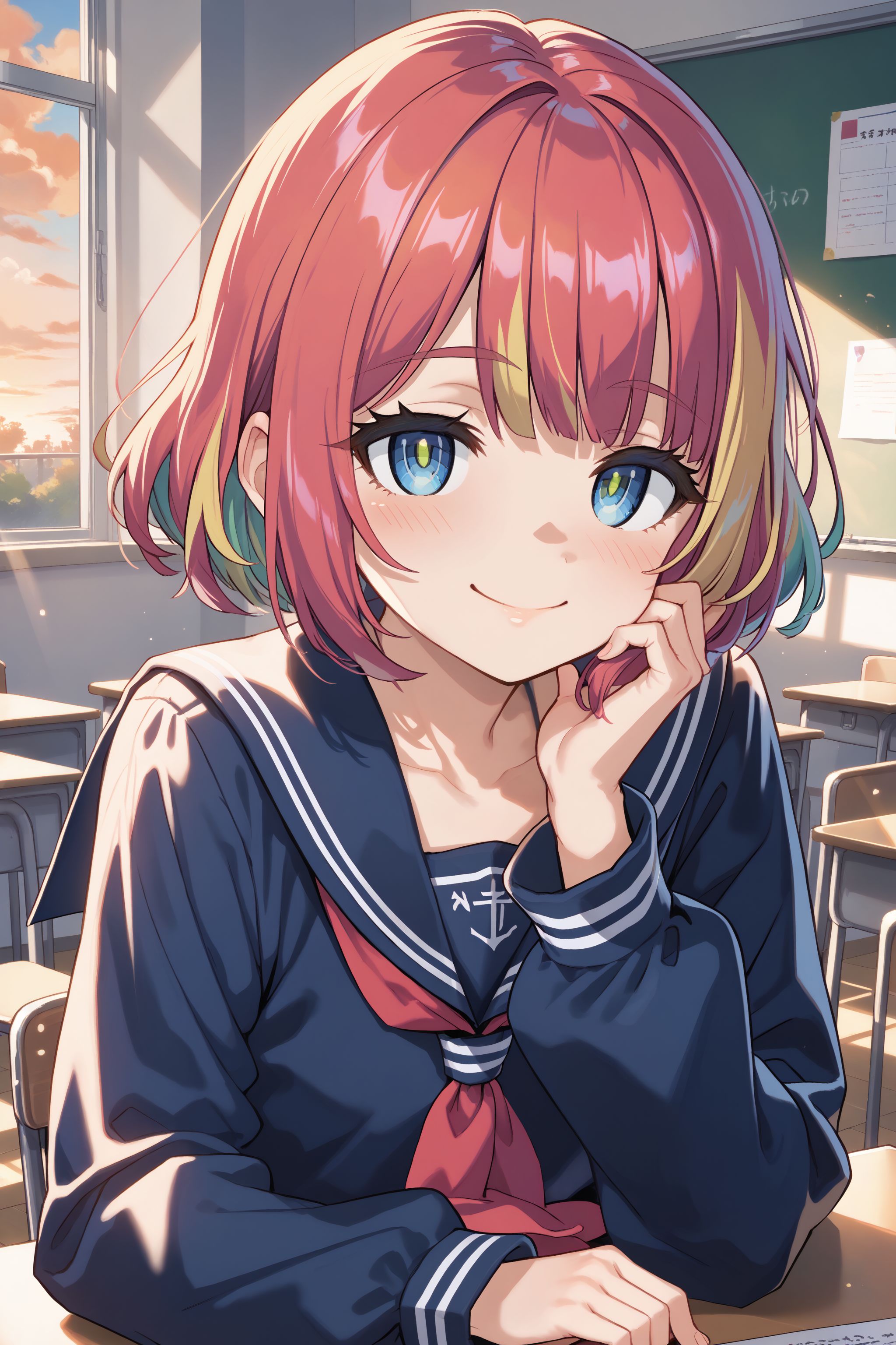 score_max, (score_9, score_8_up, score_7_up:1.0), score_6_up, official art,
masterpiece, absurdres, high detail, 8k,
school, classroom, upper body, close-up, evening, orange sky,
hand under chin, head rest, smile, blush,
avarin, multicolored hair, serafuku, long sleeves,
<lora:XL_Pony_MGCM-avaritia-t2:1.0>