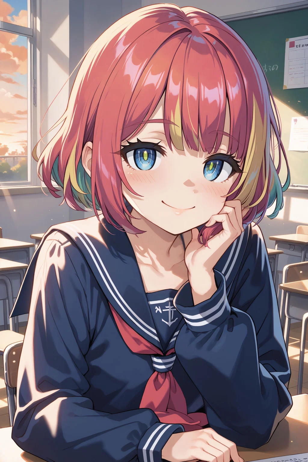 score_max, (score_9, score_8_up, score_7_up:1.0), score_6_up, official art,
masterpiece, absurdres, high detail, 8k,
school, classroom, upper body, close-up, evening, orange sky,
hand under chin, head rest, smile, blush,
avarin, multicolored hair, serafuku, long sleeves,
<lora:XL_Pony_MGCM-avaritia-t2:1.0>