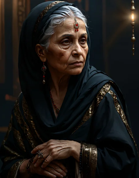 (zavy-ldprtrt), ancient Arabian costume, old woman, side soft light, Dark environment, black over black, highly detailed, masterful painting in the style of Anders Zorn and Aleksi Briclot, oil on canvas