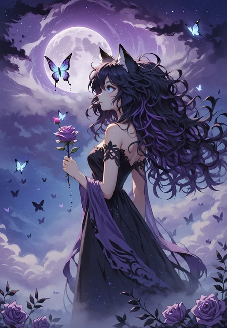 abstractzyrnox, abstract, abstract art, butterfly, blue, purple, white, fog, cinematic, purple sky, cloud, moon, ((1girl, foxgirl, fox girl), holding rose, messy hair, black hair, blue eyes, black hair, messy hair)