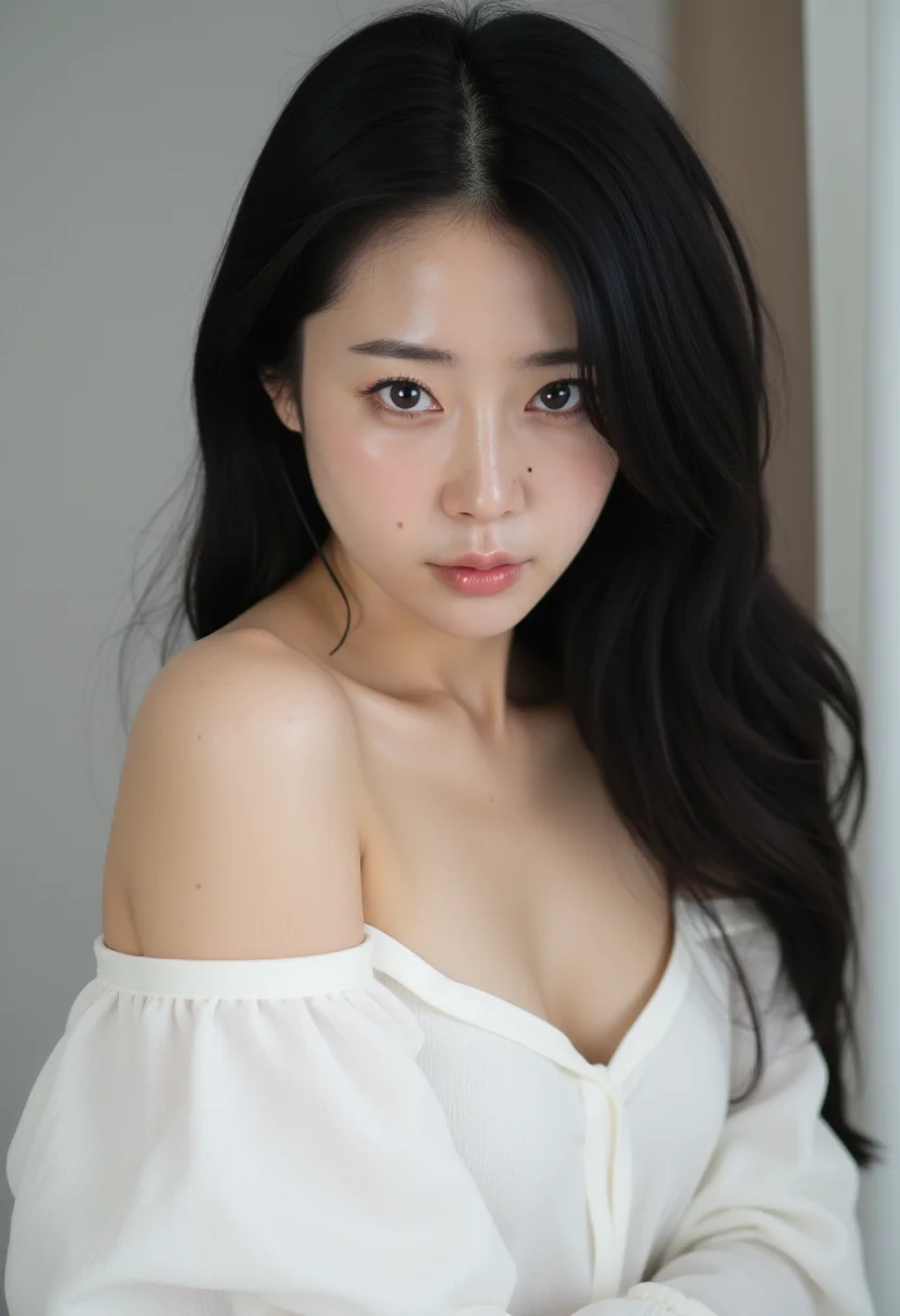 photo of a korean woman,1girl,solo,black hair,realistic,long hair,looking at viewer,upper body,lips,freckles,parted lips,collarbone,bare shoulders,shirt,black eyes,white dress,off shoulder,