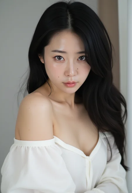 photo of a korean woman,1girl,solo,black hair,realistic,long hair,looking at viewer,upper body,lips,freckles,parted lips,collarbone,bare shoulders,shirt,black eyes,white dress,off shoulder,