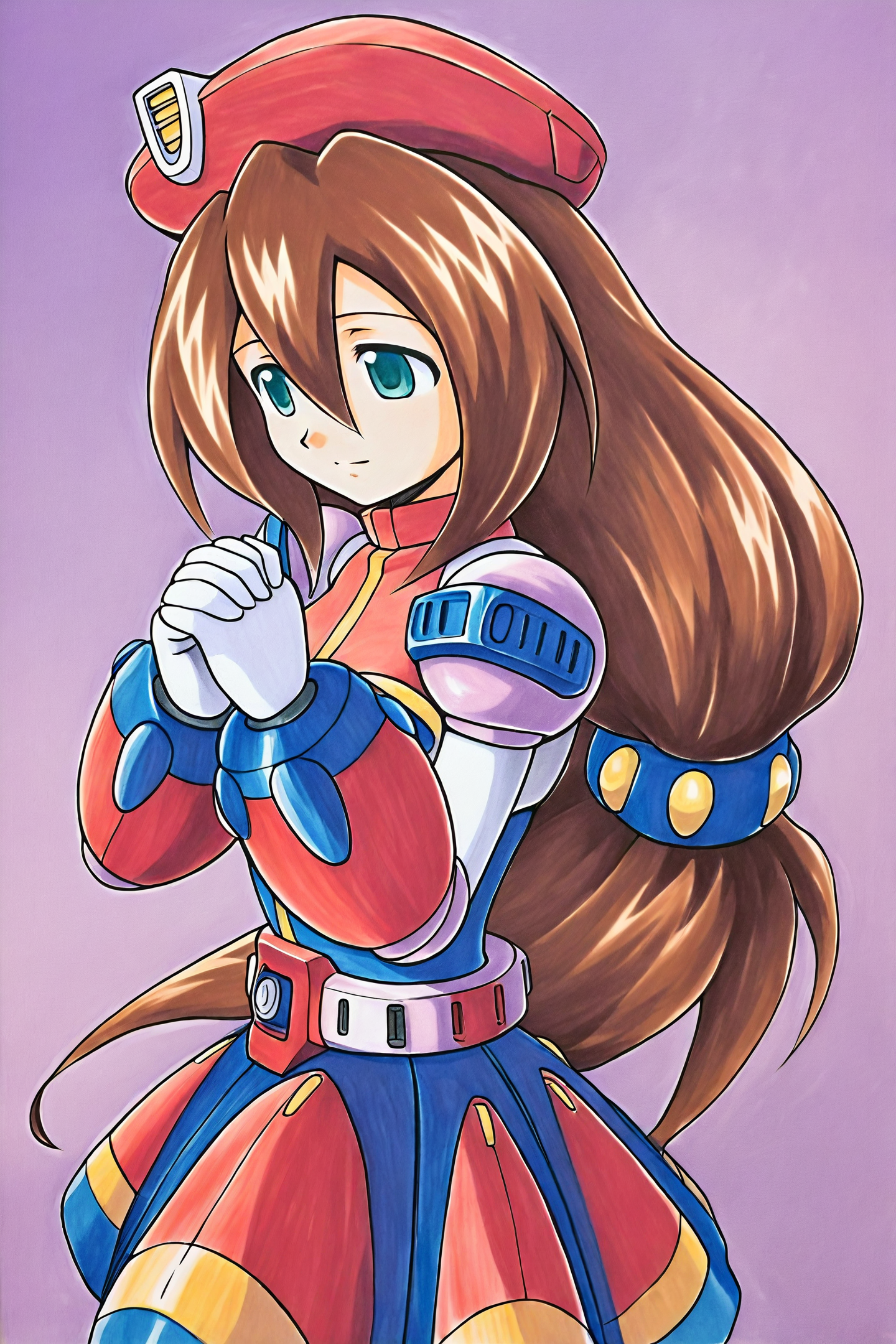 iris \(mega man\),1girl,solo,beret,own hands together,brown hair,hair between eyes,praying,own hands clasped,android,long hair,gloves,closed mouth,traditional media,
<lora:iris_XL:0.8>,