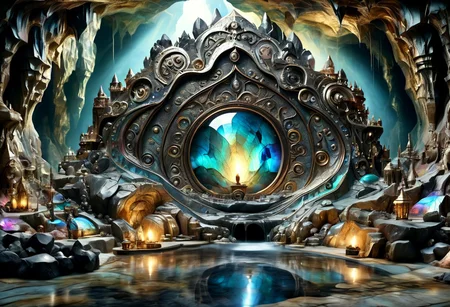 Iridescent Damascus, photorealistic, film grain, candid camera, color graded cinematic, eye catching, atmospheric lighting, highly detailed, deep depth of field, wide angle, wide view of a vast cavern,soft organic shapes, natural formation,smoothed by time and water, a (vast space:1.9) opening before the viewer, an underground lake, crystal clear water, irregular shape formed by millenia of flowing water, reflecting torchlight, crystals in the rock walls glint in the (colours of the rainbow:1.6), intricately patterned with (labradorite:1.8) and moonstone, contrasted with (black granite:2.0), soft rounded shaped rock inviting to sit down near a fire pit emitting warm and welcoming light,