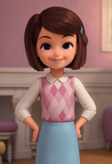 score 9, score 8, score 7, score 6, 1girl, solo, tabitha templeton, short hair, brown hair, blue eyes, polka dot pantyhose, pink checked vest, white shirt, skirt, looking at viewer, smile, upper body, interior, hands on hips, 2d, short, cute, chibi, source_cartoon, young, fullbody,