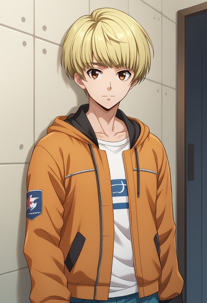 score_9, score_8_up, score_7_up, source_anime, highly detailed, 
banri, 1boy, solo, male focus, blonde hair, pants, shirt, brown eyes, looking at viewer, jacket,
orange jacket, hood, white shirt, short hair, open clothes, blue pants, jeans, collarbone, denim, bangs,
long sleeves, upper body, indoor,