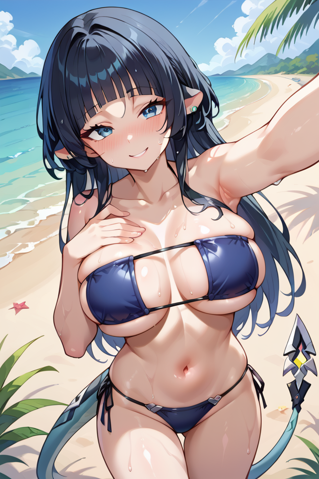 jane doe (zenless zone zero), zenless zone zero, blue eyes, score_9, score_8_up, score_7_up, source_anime, 1girl, solo, outdoors, beach, cowboy shot, standing, looking at viewer, shiny skin, eyepatch bikini, side-tie bikini bottom, wet, nose blush, selfie, reaching out, strapless, black hair, blunt bangs, red hair, long hair, tail, dark blue bikini, (Hand on breast:1.1), sexy, erotic female, seductive smile, big breasts, <lora:Jane Doe ZzzPonyXL-10:0.7>