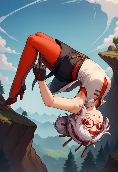 score_9, score_8_up, score_7_up, source_anime, 1girl, upside-down, backflip, <lora:Backflip_XLPD:1>, <lora:purah-pdxl-nvwls-v1:0.8> purah, hair ornament, red headband, red glasses, sleeveless shirt, white coat, black skirt, red leggings, gloves, high heels, from side, middle finger, smirk, looking at viewer, outdoors, forest, cliff, in air,