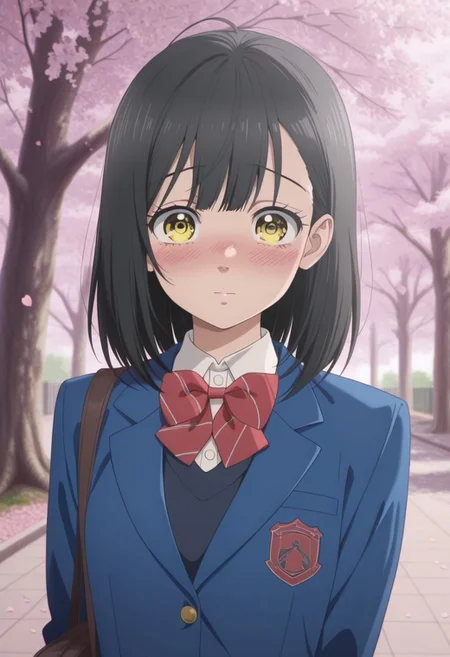 masterpiece,best quality,amazing quality, ishimori uka, black hair, yellow eyes, medium hair, 1girl, solo, blush, school uniform, bow, cherry blossoms, jacket, red bow, looking at viewer, outdoors, bowtie, tree, blue jacket, blazer