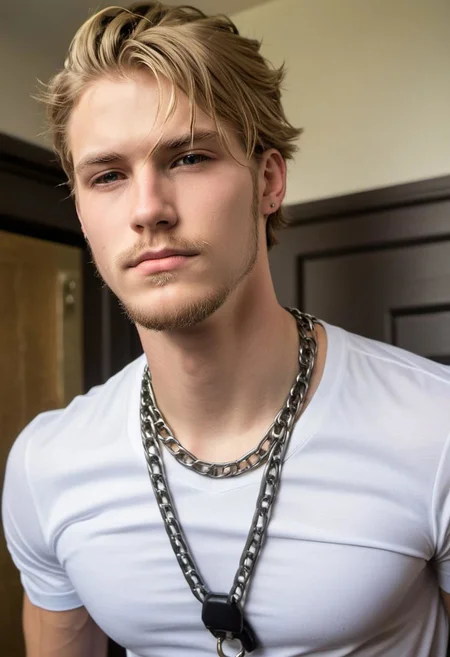 kyle ross, male focus, a handsome 19yo blonde twink, close up of face, close up of upper body, dynamic posture, dramatic angle, camera angle from below, shirtless, beard, trimmed beard, scruffy beard, hands on hip, black dog collar, black neck collar, long chain necklace, kinky,
skinny muscled, slender muscled, skinny, slender features, narrow shoulders, detailed armband tattoo, cute face, boyish face, perfect biceps, bicep veins, bulging veins, defined veins, great pecs, thin waist, angular face, strong and powerful, sporty, predatory look, feathered hair, long hair, shoulder length hair, great detail, satisfaction, blue eyes, bubble butt, small ass, small butt, tight shorts,
(Masterpiece, high quality:1.3), masterpiece, depth of field, bokeh, detailed, homoerotic, (homoerotic), highly detailed, sharp focus, intricate, smooth, elegant, fantasy, cinematic lighting, cinematic, masterpiece, matte, photorealistic, 4k, beautiful, volumetric lighting, dramatic, photo-realistic, life-like, high detail, lighting, 8Knematic lighting, 8K, contrast lighting, contrasting lighting, cinematic lighting,
