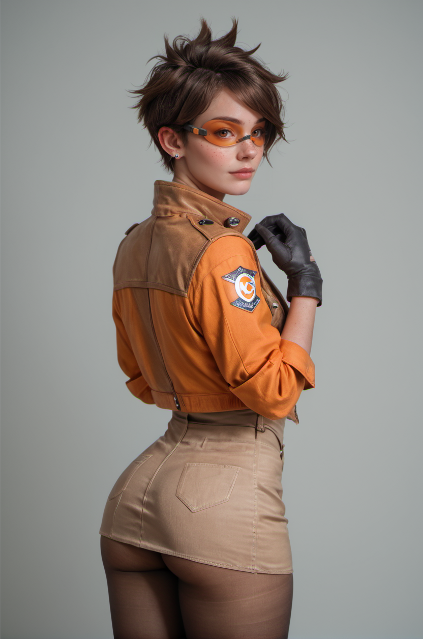 masterpiece, best quality, realistic, realism, analogue photo, score_9, score_8_up, score_7_up,  <lora:tracer2:0.7> TracerOv2,1girl,short hair,brown hair,gloves,brown eyes,freckles,swept bangs,piercing,spiked hair, pantyhose, short skirt, open jacket,   (orange goggles:1.2),  ear piercing, thick thighs, big_round_ass, looking back at viewer, <lora:d3t41l3dXLP:0.8> <lora:OverallDetailXL:1> OverallDetailXL