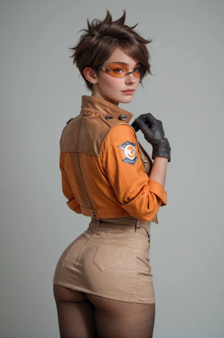 masterpiece, best quality, realistic, realism, analogue photo, score_9, score_8_up, score_7_up,  <lora:tracer2:0.7> TracerOv2,1girl,short hair,brown hair,gloves,brown eyes,freckles,swept bangs,piercing,spiked hair, pantyhose, short skirt, open jacket,   (orange goggles:1.2),  ear piercing, thick thighs, big_round_ass, looking back at viewer, <lora:d3t41l3dXLP:0.8> <lora:OverallDetailXL:1> OverallDetailXL