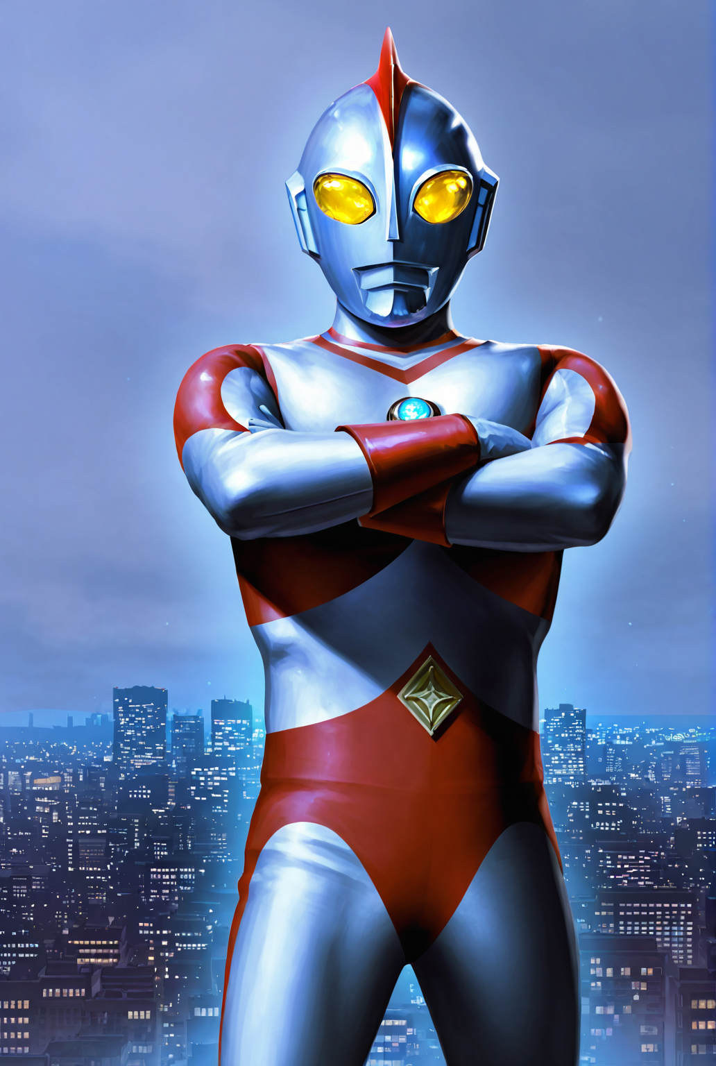 score_9,score_8_up,score_7_up,male focus,ultra-detailed,high resolution,digital painting,8k,1boy,solo,cowboy shot,male focus,detailed face,tokusatsu,alien,yellow eyes,no humans,bodysuit,helmet,2d,flat,standing,crossed arms,cityscape,giant,<lora:add-detail-xl:1>,<lora:Ultraman 80:0.7>,ultraman  80,<lora:League_of_Legends__illustrious-XL:0.7>,