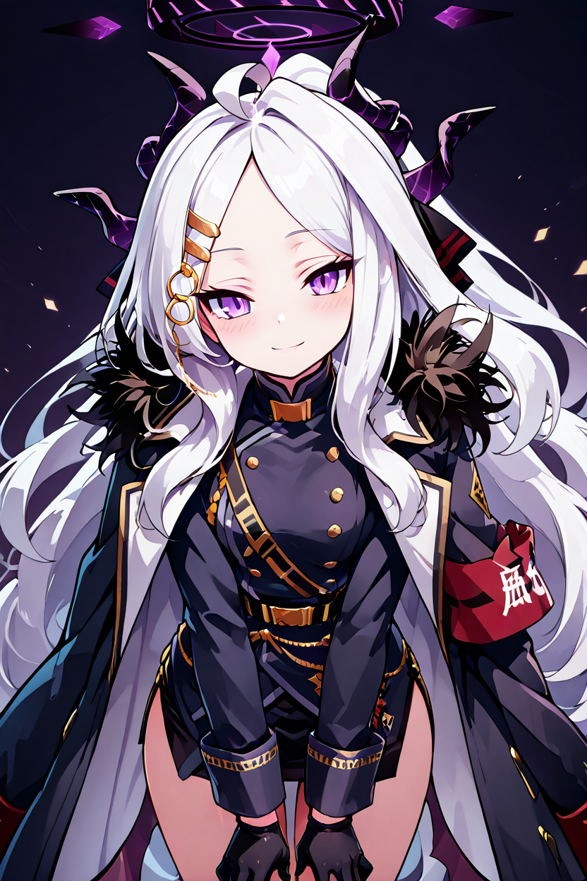 masterpiece, best quality, 1girl, solo, 21 year old model, eyelashes, (beautiful eyes),     ,,, zzHina, purple eyes, long hair, hair ornament, white hair, horns, hina (blue archive), ahoge, halo, multiple horns, parted bangs, skirt, long sleeves, hairclip, black skirt, coat, coat on shoulders, fur trim, black gloves, <lora:HinaBlueArchiveIXL:1.0>, ,,, smile, looking at viewer, leaning forward, head tilt, blush,,, <lora:CatalystIXL:0.7>, <lora:ZankuroIXLLight_v2:0.6>, <lora:princess_xl_v2:0.3>,