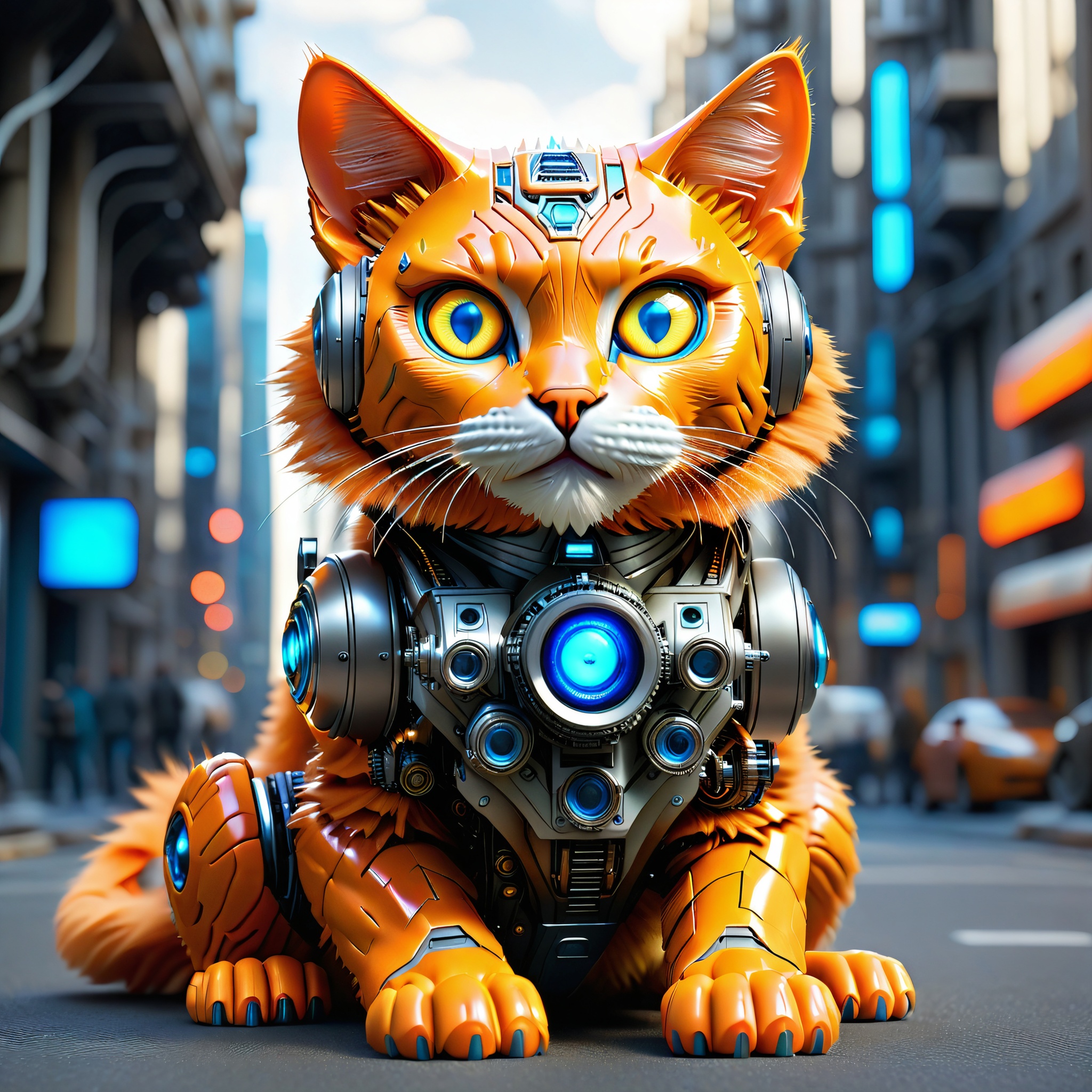 sitting hybrid full bio-mechanical cat with orange plastic fur and blue glowing camera eyes in the streets in a futuristic mega city on a generation spacecraft