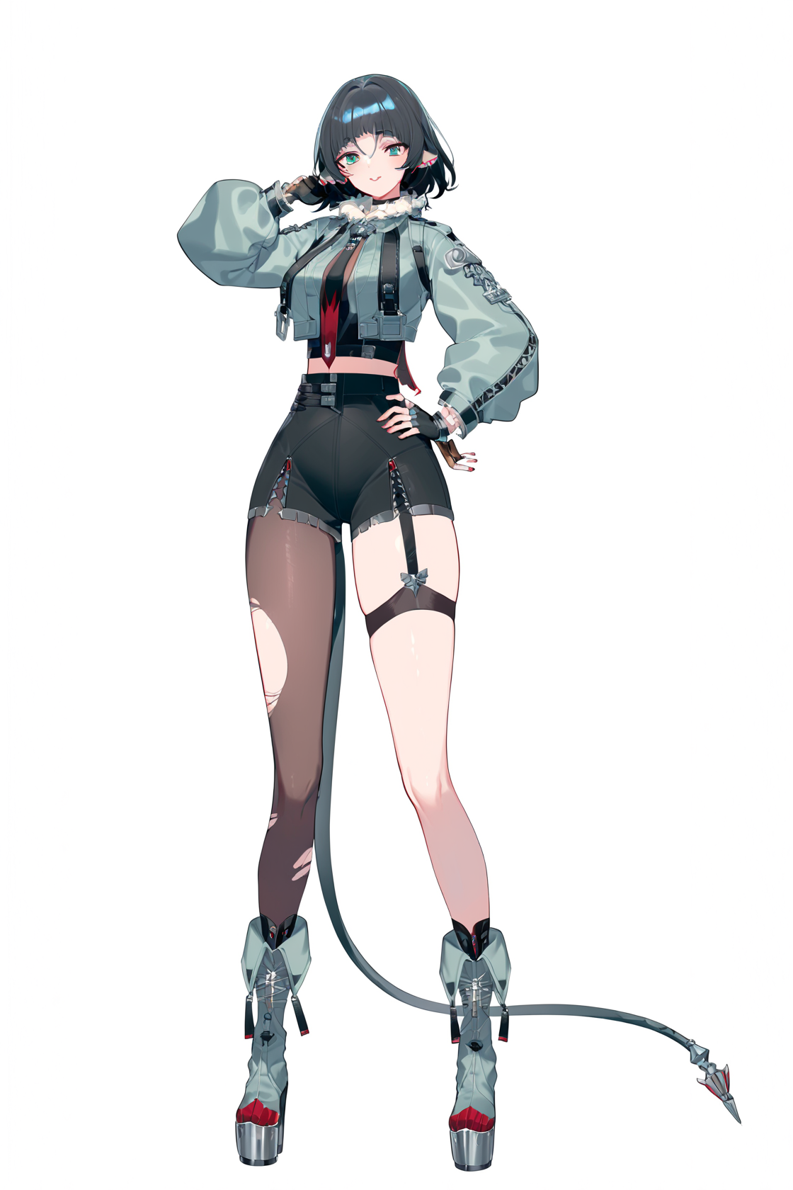 8k, best quality, masterpiece, (ultra-detailed), (high detailed skin), (by nanoless, by misumi \(macaroni\):0.25), 
full body, full shot, standing, looking at viewer, (solo:1.2), simple background, white background, hand on own hip, 
<lora:jiandoe-atw2-Tanger:0.8>, jiandoe, 1 tail, pointy ears, default clothes, green jacket, 1girl, black hair, torn clothes, gloves, fingerless gloves, shorts, torn suspenders, necktie, sling, 
A full-body portrait of a young girl, standing gracefully, pastel art style, high-key lighting, shoujo manga influence, hd quality, delicate details,