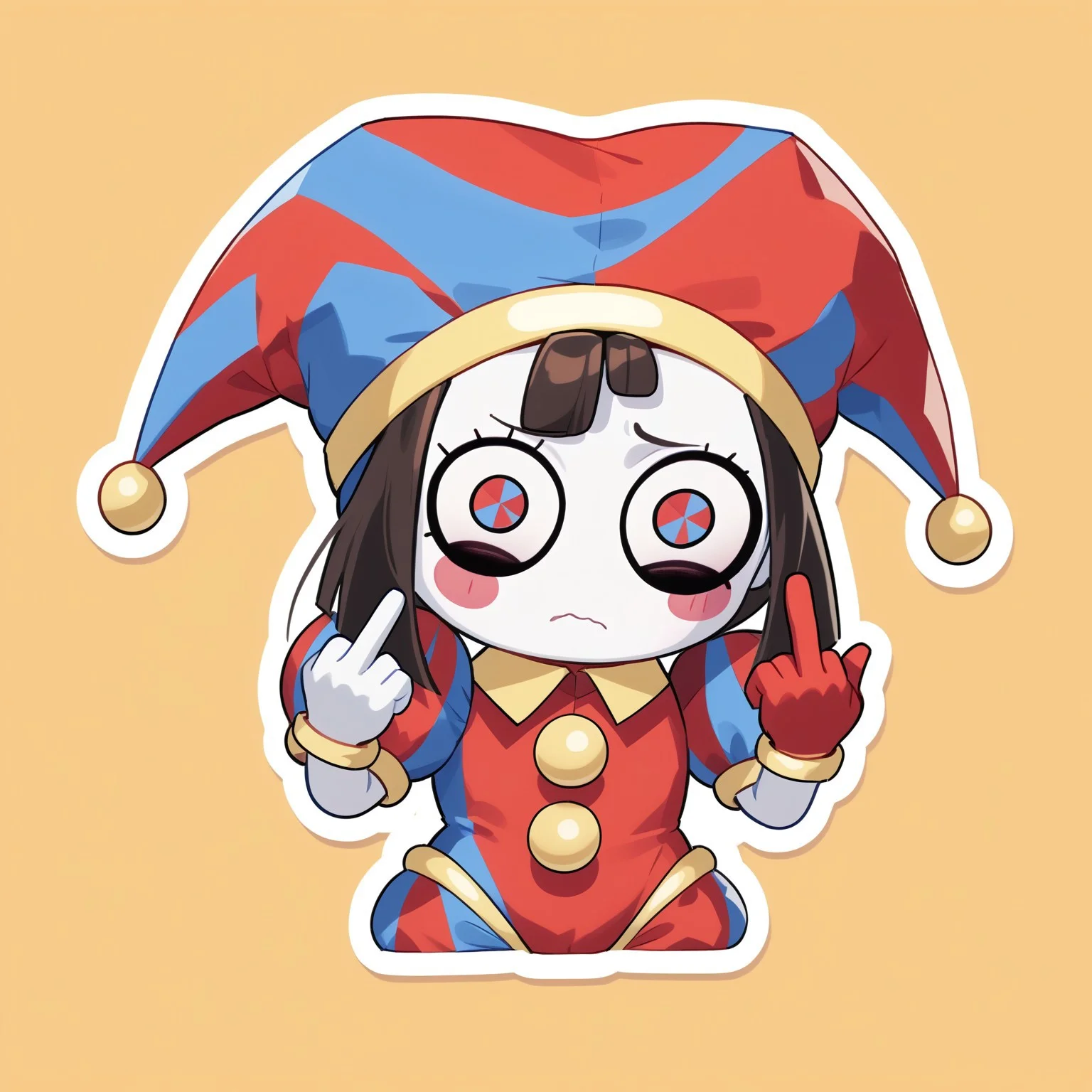 1girl,pomni,jester cap,blush stickers,twitch emote, chibi, outline, sticker,shy,middle finger,turning head