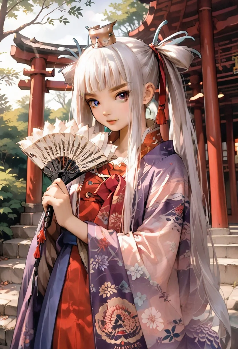 score_9, score_8_up, score_7_up, source_anime, preteenager,
<lora:Houmei:1>, Houmei, 1girl, solo,,hand fan,purple eyes,white hair,folding fan,long hair,crown, red hanfu,twintails, lilac kimono shawl, gradient lilac long sleeves,hair rings,bangs, red chinese clothes,holding fan, holding,ribbon,blunt bangs,very long hair,,
outdoors, forest, nature, day, shrine, Torii, Japanese garden, Japanese temple,,
looking at viewer, dutch angle, cowboy shot,,
<lora:EnvyPonyPrettyEyes01:1>,