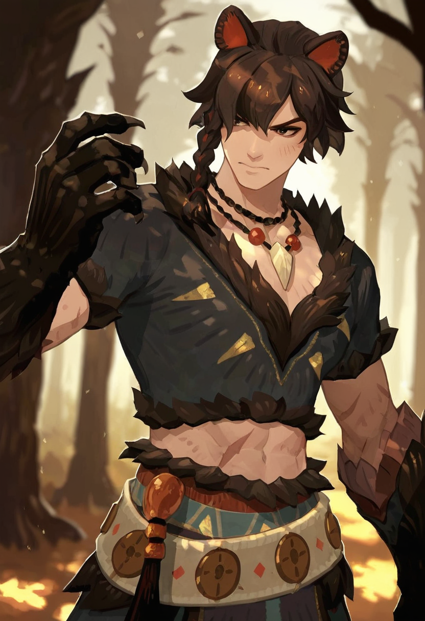 <lora:Soren_AFK:0.85>, soren, brassiereided hair, dark brown hair, decorative belt, cat ears, necklace with fang pendant, claw gauntlet-style gloves, cat gloves, abs exposed, tribal warrior, bangs, masterpiece, ultra-HD, cinematic lighting, photorealistic, (impressionism:1.5), high detail, depth of field, (blurred background), (dramatic lighting),masterpiece, best quality, very aesthetic, <lora:add_detail:1>, ((aesthetic_male_form:1.2, light skin)), (focus male), fair skin, smooth skin, dynamic view, highly detailed illustration, half-bare-skinned fantasy male hero, confident expression, glowing battle scars, leather straps across chest, flowing hair, standing in front of enchanted forest, ambient lighting, epic background