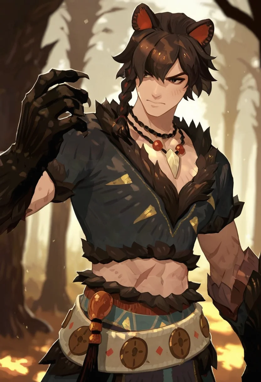 <lora:Soren_AFK:0.85>, soren, brassiereided hair, dark brown hair, decorative belt, cat ears, necklace with fang pendant, claw gauntlet-style gloves, cat gloves, abs exposed, tribal warrior, bangs, masterpiece, ultra-HD, cinematic lighting, photorealistic, (impressionism:1.5), high detail, depth of field, (blurred background), (dramatic lighting),masterpiece, best quality, very aesthetic, <lora:add_detail:1>, ((aesthetic_male_form:1.2, light skin)), (focus male), fair skin, smooth skin, dynamic view, highly detailed illustration, half-bare-skinned fantasy male hero, confident expression, glowing battle scars, leather straps across chest, flowing hair, standing in front of enchanted forest, ambient lighting, epic background