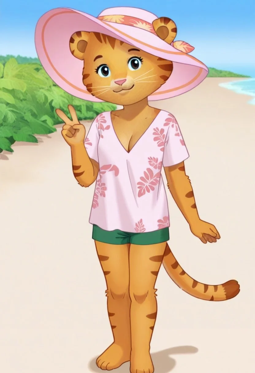 1girl, solo, Collette, anthro, tiger, soft orange fur, darker tiger stripes on her head, arms, and tail, light pink V-neck shirt, green shorts, barefoot, breasts, cleavage, pink sunhat, legs together, standing, looking at viewer, smiling, closed mouth, outdoors, beach