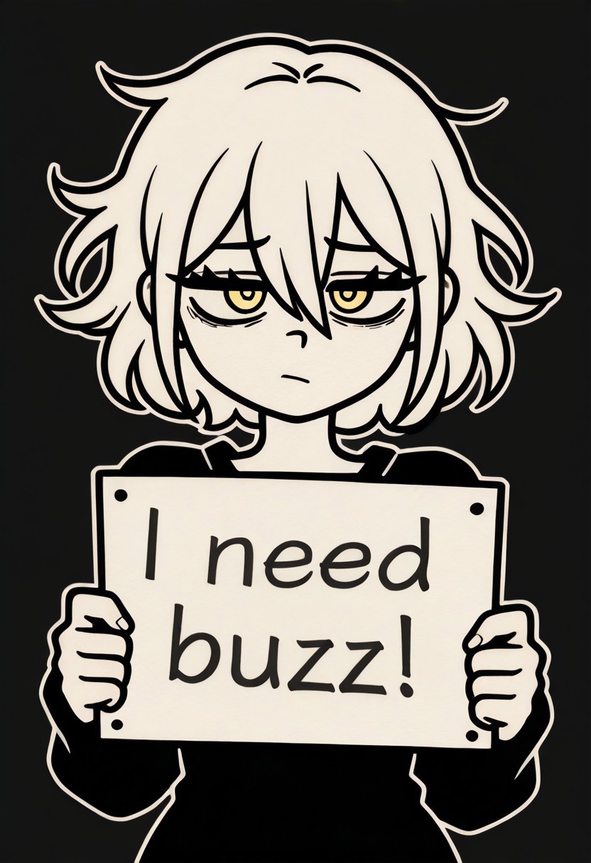 masterpiece, best quality, amazing quality, very aesthetic, absurdres, newest, 1girl, solo, looking at viewer, short hair, messy hair, bangs, simple background, yellow eyes, hair between eyes, monochrome, shadow, black background, portrait, cofanl style, outline, white outline, need_buzz, holding sign
