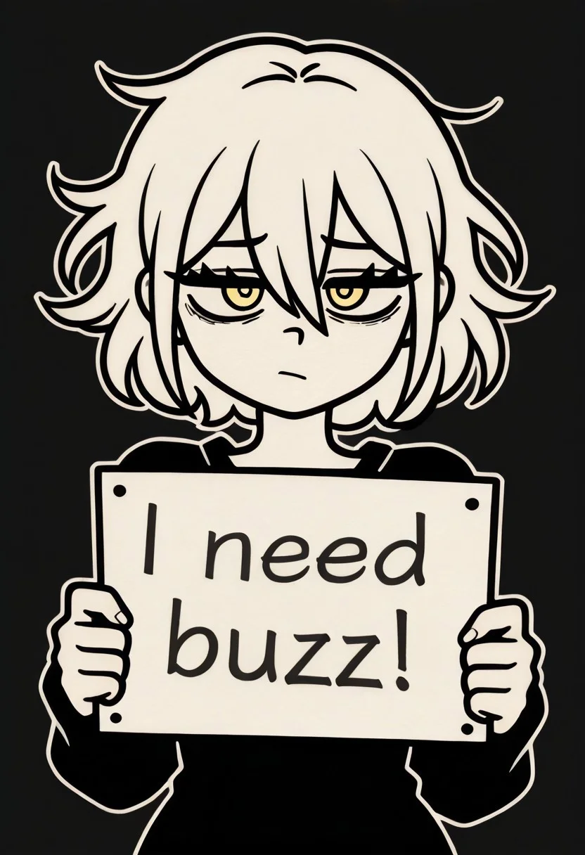 masterpiece, best quality, amazing quality, very aesthetic, absurdres, newest, 1girl, solo, looking at viewer, short hair, messy hair, bangs, simple background, yellow eyes, hair between eyes, monochrome, shadow, black background, portrait, cofanl style, outline, white outline, need_buzz, holding sign