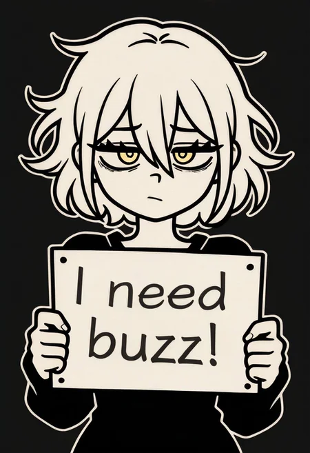 masterpiece, best quality, amazing quality, very aesthetic, absurdres, newest, 1girl, solo, looking at viewer, short hair, messy hair, bangs, simple background, yellow eyes, hair between eyes, monochrome, shadow, black background, portrait, cofanl style, outline, white outline, need_buzz, holding sign