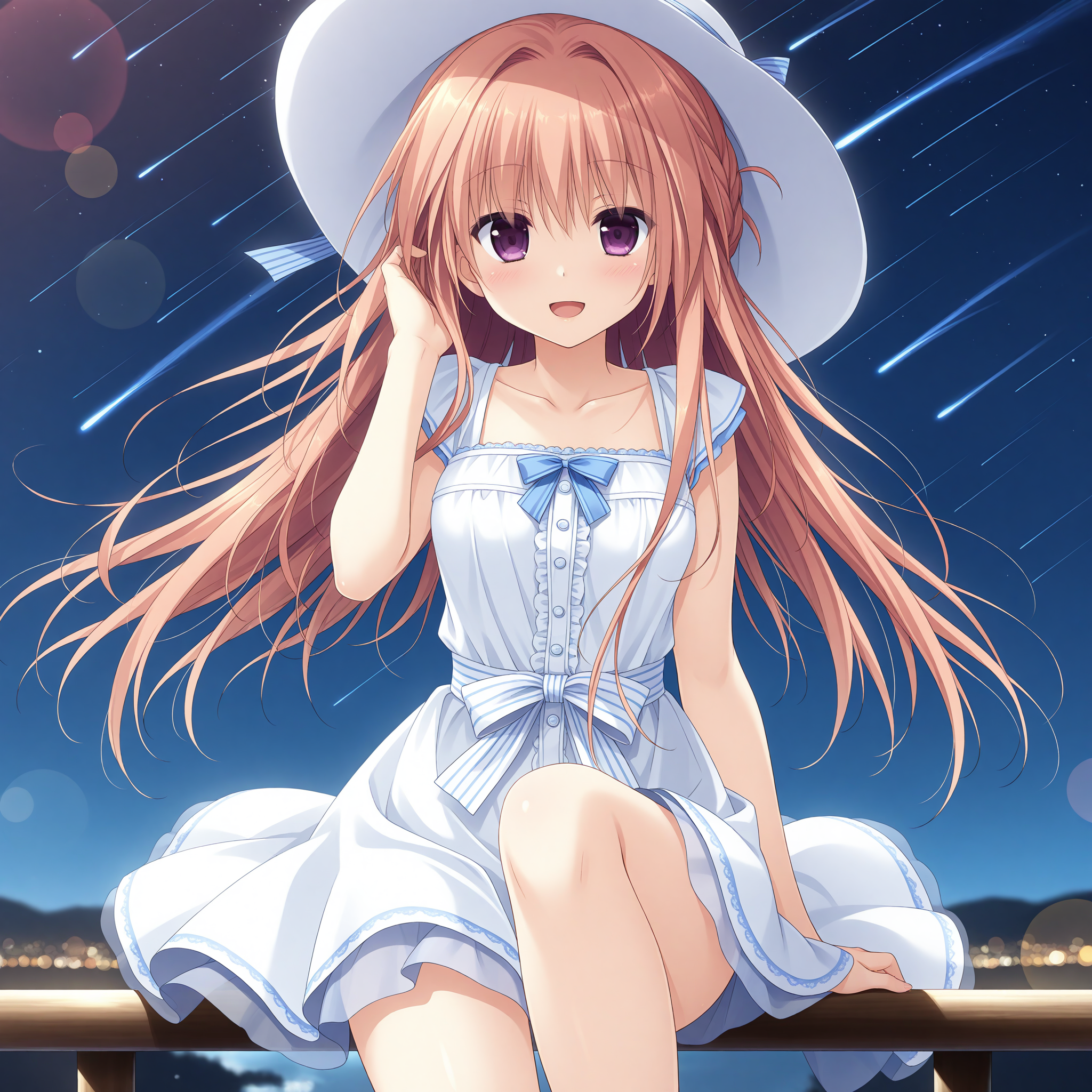 <lora:Hatsuhime_Iroha_1_nai-000043:1>,Hatsuhime Iroha,
sun hat,white hat,hat ribbon,blue ribbon,white dress,sundress,collarbone,waist bow,white bow,blue bowtie,center frills,
BREAK
1girl,solo,smile,open eyes,open mouth,night,sitting,on railing,knee up,looking_at_viewer,cowboy_shot,sky,meteor shower,face_focus,front view,straight-on,depth of field,lens_flare,hand in own hair,