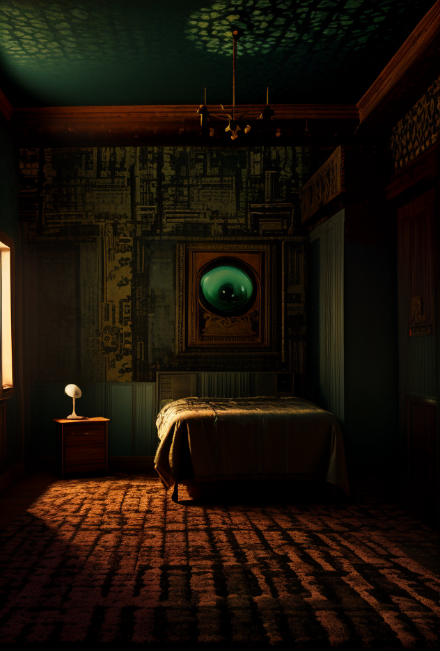 9((Hypersurrealistic ancient [Anunaki | Assyrian 
| Babylonian | Caananite] artifact))BREAK((((modern mansion  bedroom [mahogany | oak | maple | cherry |teak] furniture)))BREAK(((psychadelic trippy carpeting)))((Creative((Photo Masterpiece 8k wallpaper [Verb | adjective | pronoun])))BREAK(dodge and burn, corner edge darken vignette)((exposure POP!!!) hdr extremely intricate, High (Detail:1.1), Sharp focus, dramatic cinematic light, 8k textures, elegant, ((((cinematic look))))breathtaking, insane details))  <lora:Details-Slider:0.5> <lora:ExposureControl:0.7>  <lora:LCM_1-5:0.6> <lora:up-down_lighting:2> <lora:ColorTempSliders:3><lora:DepthOfFieldSliders:0.5> <lora:epiC35mm:0.3> <lora:HDhelper:0.6>  <lora:back-front_lighting:-2> <lora:ContrastControl:1.8> <lora:CuteHorrorSlider:0.9> <lora:Saturation:1.1>