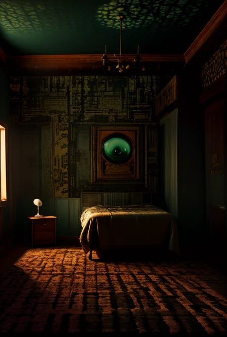 9((Hypersurrealistic ancient [Anunaki | Assyrian 
| Babylonian | Caananite] artifact))BREAK((((modern mansion  bedroom [mahogany | oak | maple | cherry |teak] furniture)))BREAK(((psychadelic trippy carpeting)))((Creative((Photo Masterpiece 8k wallpaper [Verb | adjective | pronoun])))BREAK(dodge and burn, corner edge darken vignette)((exposure POP!!!) hdr extremely intricate, High (Detail:1.1), Sharp focus, dramatic cinematic light, 8k textures, elegant, ((((cinematic look))))breathtaking, insane details))  <lora:Details-Slider:0.5> <lora:ExposureControl:0.7>  <lora:LCM_1-5:0.6> <lora:up-down_lighting:2> <lora:ColorTempSliders:3><lora:DepthOfFieldSliders:0.5> <lora:epiC35mm:0.3> <lora:HDhelper:0.6>  <lora:back-front_lighting:-2> <lora:ContrastControl:1.8> <lora:CuteHorrorSlider:0.9> <lora:Saturation:1.1>