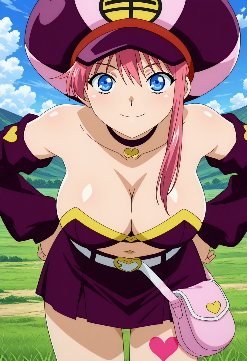 finetuneanime,anime screencap, official art, detailed anime, ultra detailed anime art, anime screencap, screencap, score 9, score 8 up, score 7 up, masterpiece, anime coloring, source anime,
BREAK
MionBase, 1girl, blue eyes, solo, pink hair, short hair with 1long lock, large breasts, curvy, fair skin, shiny skin, smoothy skin, fair skin, fair skin, NEGATIVE_HANDS, 
BREAK
milticolored hat, purple and pink hat, cleavage, midriff, choker, navel, purple and pink crop top, belt, purple long detached sleeves, purple miniskirt, thigh heart tattoo, pink hip bag, purple knee boots,
BREAK
cowboy shot, standing, bent over, face focus, hands on hips, sensual look, smile, eyes half open, posing, sensual pose, wasteland, grass, hills, day, perfect weather, clouds, detailed background,