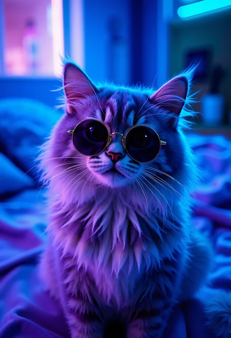 bo-neon, neon-glow, vibrant light, electric pattern, a high-resolution photograph featuring a close-up of a fluffy, gray cat wearing round, metallic sunglasses with a gold frame and dark lenses, the cat's fur is soft and fluffy, with a mix of white and gray hues, giving it a luxurious texture, its eyes are large and expressive, and it appears to be gazing directly at the viewer with a calm, curious expression, the background is a minimalistic, blue-tinted room with a hint of a window, suggesting an indoor setting, possibly a bedroom or a private space, the texture of the fur appears soft and plush, with subtle sheen, enhancing the luxurious feel of the cat, the sunglasses have a sleek, modern design with a thin metal frame and round, reflective lenses that add a touch of sophistication to the overall look, the overall mood of the photograph is playful and whimsical, capturing a sense of calm and contentment, the photograph captures the essence of a domestic animal, likely a cat, with its soft, fluffy coat and stylish accessories, making it a captivating and endearing subject, high quality, ultra detailed, colorful, abstract, dark neon fantasy.<lora:Flux\boFLUX Neon Abyss.safetensors:1.0:1.0>