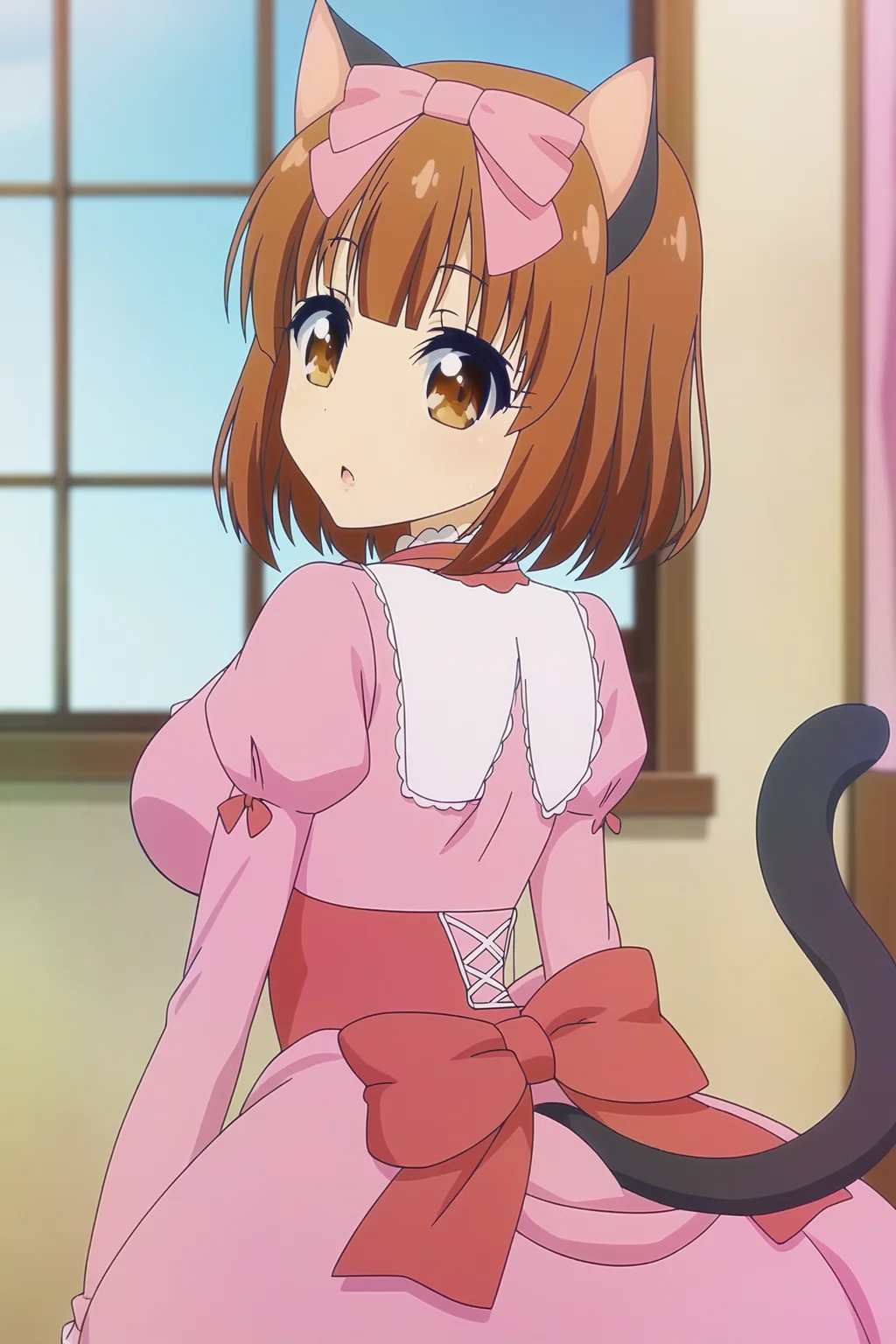 1girl, solo, <lora:Nekohime _ Netoge no Yome wa Onnanoko ja Nai to Omotta _ Pony _ v1:1>, cat ears, hair bow, pink bow, brown hair, short hair, brown eyes, cat tail,
bowtie, red bow, pink dress, juliet sleeves, long sleeves,
from behind, looking back, looking at viewer,