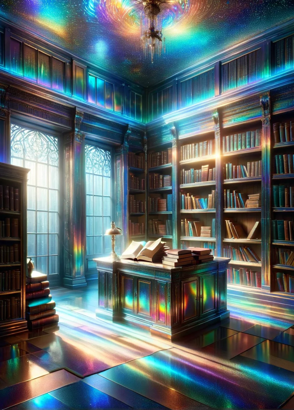 an ancient ais-rdscnt library with books shimmering in spectral light <lora:ais-rdscnt-sdxl:1>