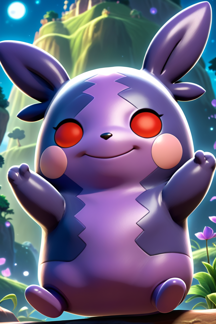 score_9, score_8_up, score_7_up, score_6_up, score_5_up, score_4_up, BREAK  morpeko \(hangry\), pokemon \(creature\),solo, red eyes, happy, smile, closed mouth,floating island,night,3d,purple skin,arms up, <lora:MorpekoPony:1>