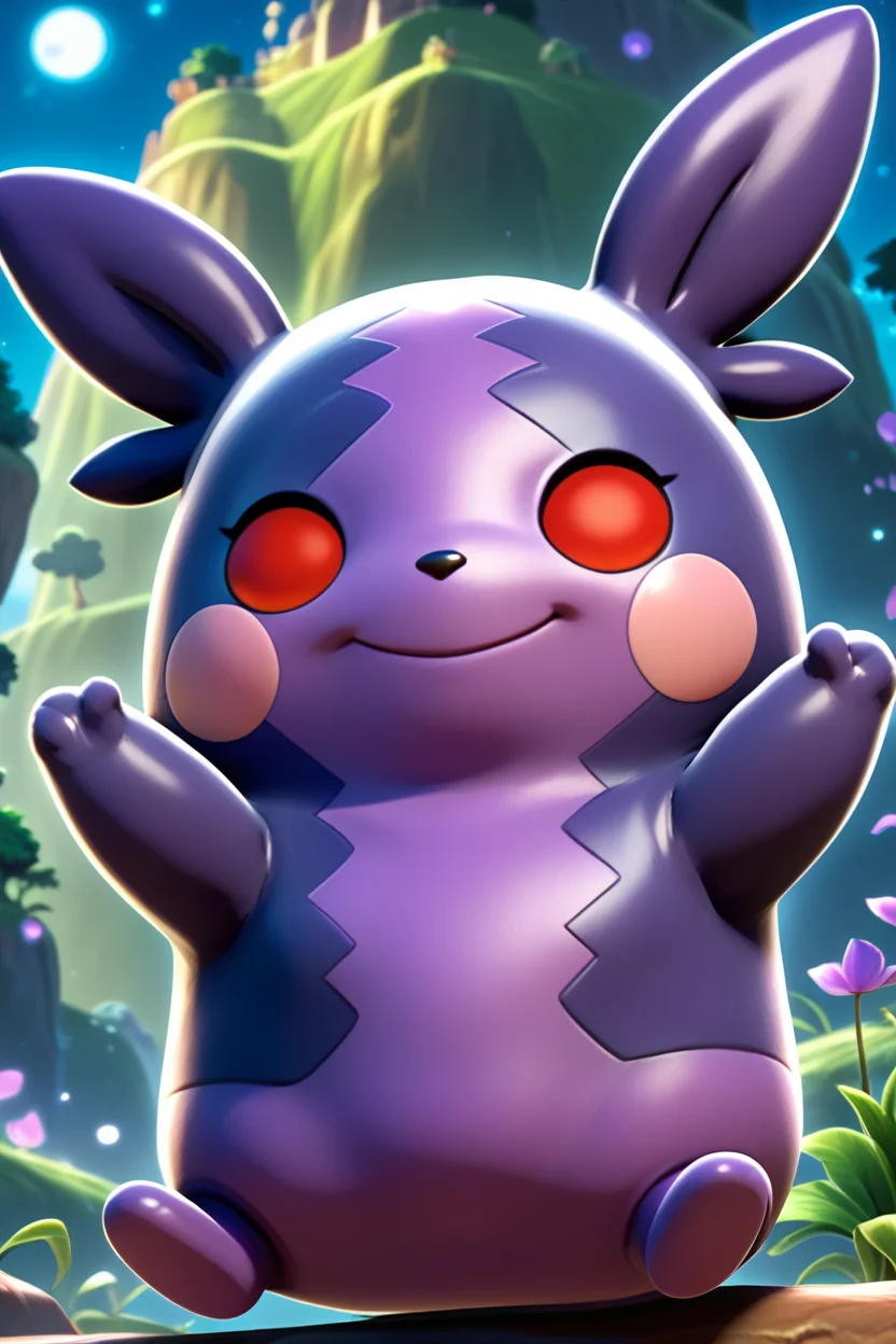 score_9, score_8_up, score_7_up, score_6_up, score_5_up, score_4_up, BREAK  morpeko \(hangry\), pokemon \(creature\),solo, red eyes, happy, smile, closed mouth,floating island,night,3d,purple skin,arms up, <lora:MorpekoPony:1>