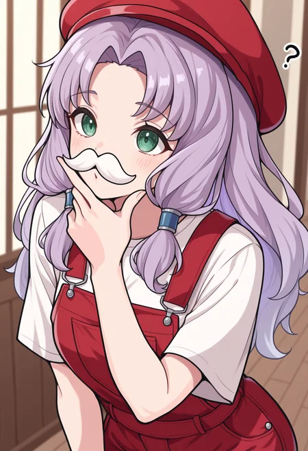 masterpiece, best quality, <lora:NSFlorina:1> NNSFlorinaMisc, green eyes, light purple hair, long hair, parted bangs, low-tied sidelocks, fake mustache, red hat, red overalls, hand on own chin, indoors, confused