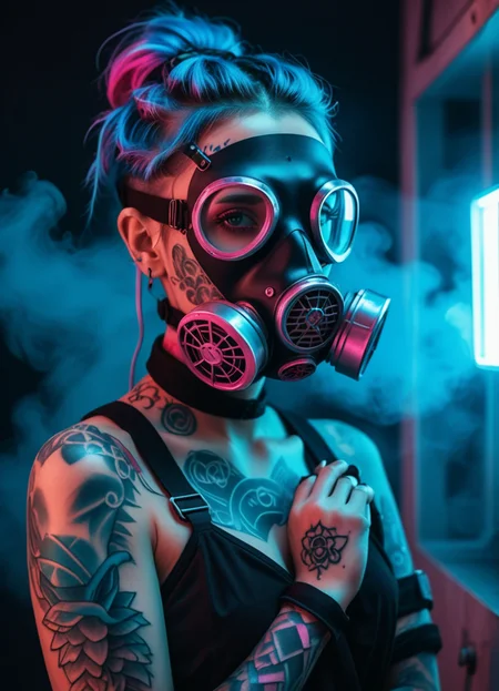 (Ombre color scheme of neon blue,neon pink,neon light blue ) (25 year old:1.1) elegant lady wearing fine gas masks with abstract avant garde tattoos in a apocalyptic clinic with soft fog and moonlight, ultra realistic lighting <lora:br1ghtXLP:0.7> multicolored <lora:43stl1ght1ngXLP2:0.7> 43stl1ght1ng, low light, dramatic lighting, darkness, neon, spotlight <lora:envyStarlight_v10:0.8>
