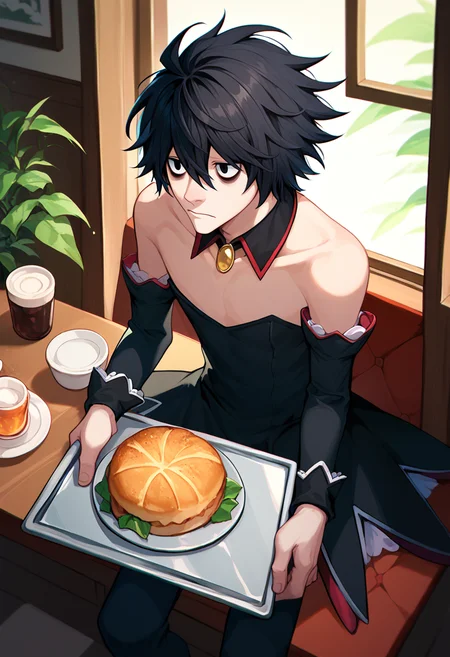 score_9, score_8_up, score_7_up, 1boy, L, black hair, short hair, messy hair, black eyes, bags under eyes, AM, detached collar, detached sleeves, black dress, black thighhighs, cafe, holding tray, <lora:L lawliet-000008:1> <lora:Angel Mort 2:1>
