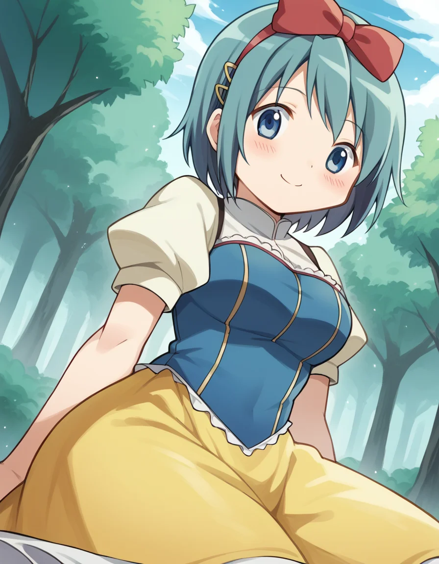 score_9, score_8_up, score_7_up, source_anime, <lora:sayaka-miki-s1-ponyxl-lora-nochekaiser:1>, sayaka miki, short hair, blue eyes, hair ornament, blue hair, hairclip, medium breasts,, <lora:snow-white-cosplay-ponyxl-lora-nochekaiser:1>, snow white cosplay, snow white (disney) (cosplay), cosplay, dress, hair bow, puff and slash sleeves, puffy short sleeves, puffy sleeves, red bow, short sleeves, skirt, yellow skirt, yellow dress,, forest, sitting, smile, blush, apple,, cowboy shot,, , dutch angle, cowboy shot
