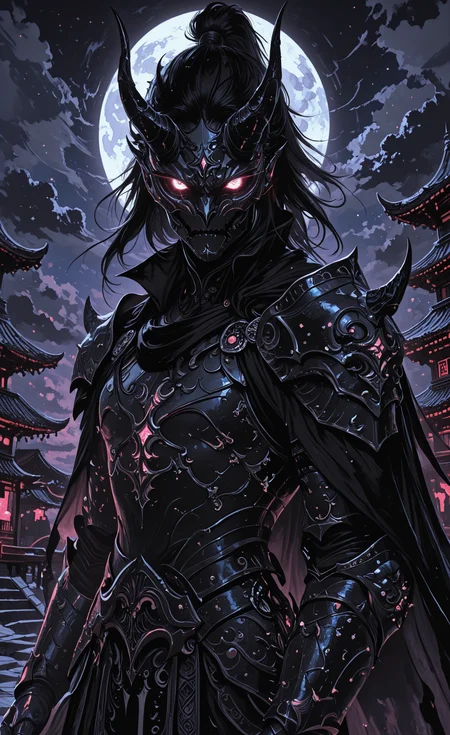 solo, looking at viewer, black hair, 1boy, male focus, outdoors, horns, sky, cloud, cape, armor, mask, night, glowing, moon, shoulder armor, night sky, gauntlets, glowing eyes, full moon, pauldrons, black cape, architecture, east asian architecture