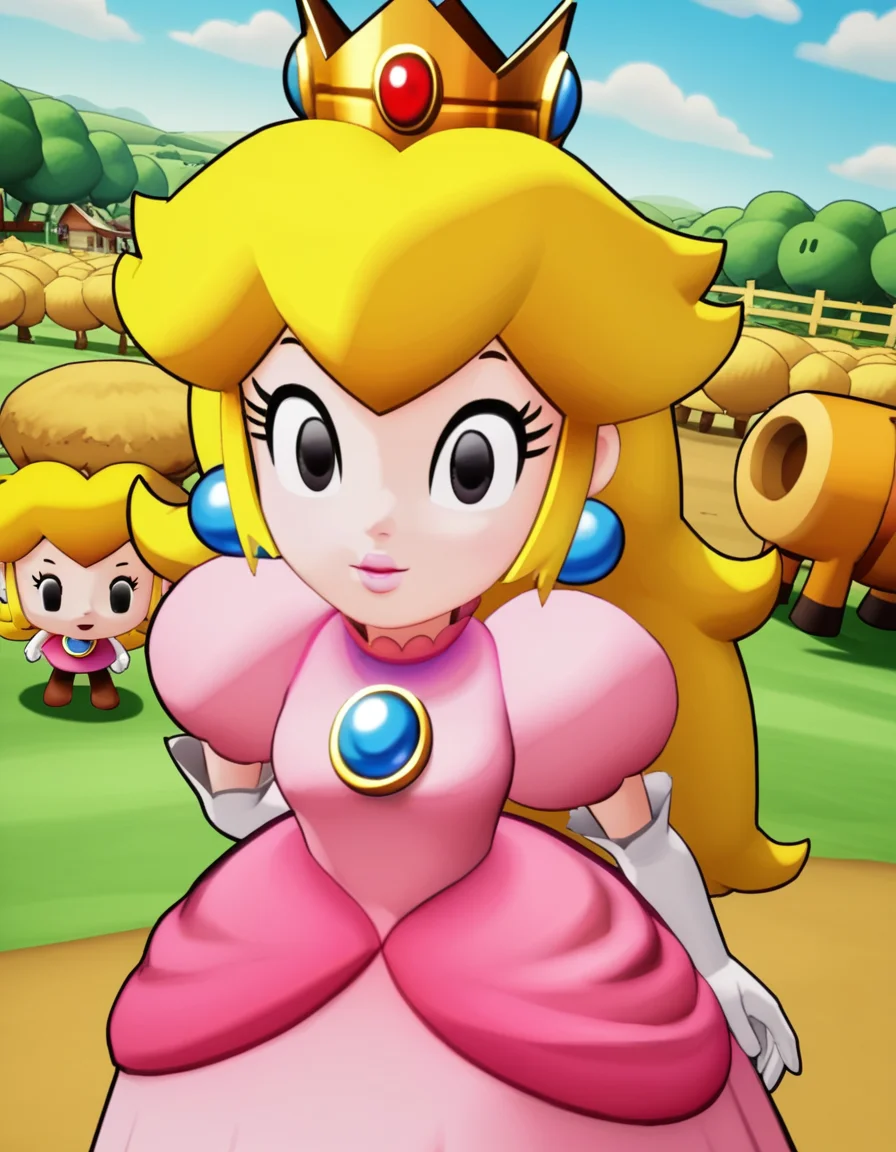 score_9, score_8_up, score_7_up, source_anime, <lora:princess-peach-brothership-ponyxl-lora-nochekaiser:1>, princess peach, blonde hair, black eyes, long hair,, crown, dress, gem, gloves, pink dress, puffy short sleeves, puffy sleeves, short sleeves, white gloves,, barn, animals, hay, farming, rural, , hands behind back, bent over,, looking at viewer, solo,, dutch angle, cowboy shot