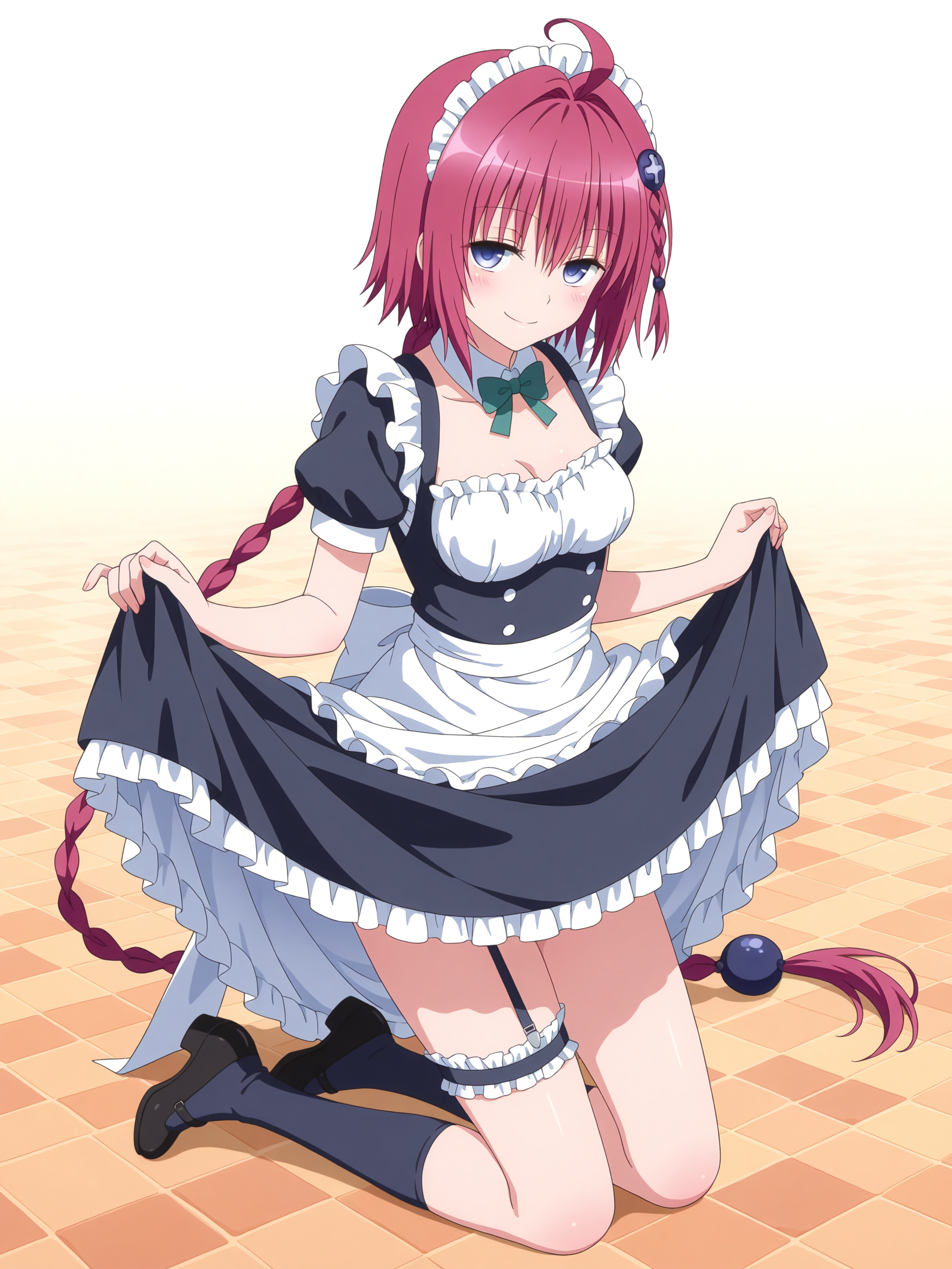 <lora:Mea Kurosaki:1>,mea,full body,seductive smile,maid, skirt lift,