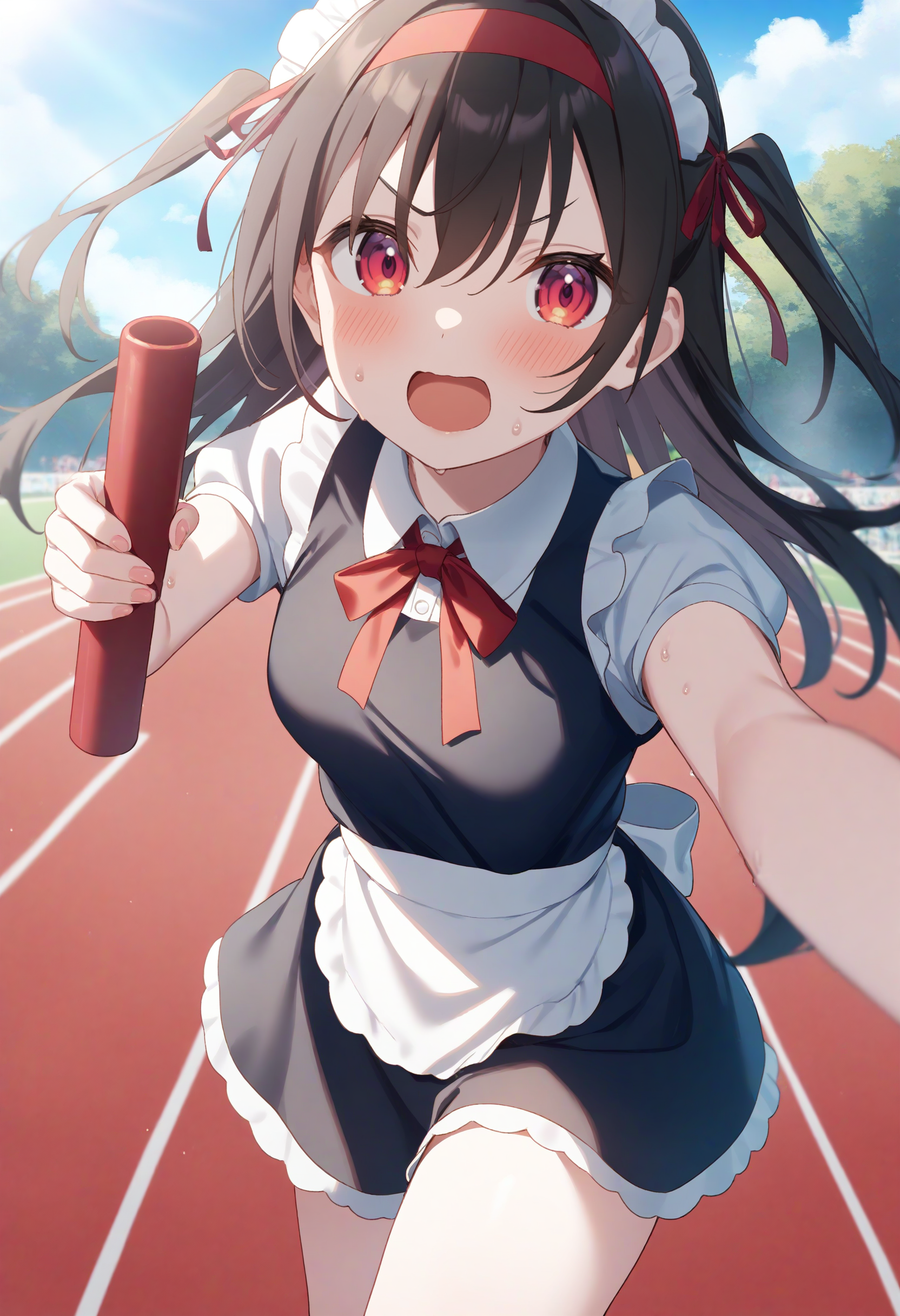 1girl,sincos, ningen mame, toosaka asagi,solo,medium breasts,20yo,maid,maid headdress,
relay baton, holding,day, outdoors, sports festival, looking at viewer, red headband,pov ,open mouth, running, sweat, foreshortening,   <lora:relaybaton_XL_v1:0.8>
best quality, very aesthetic, absurdres